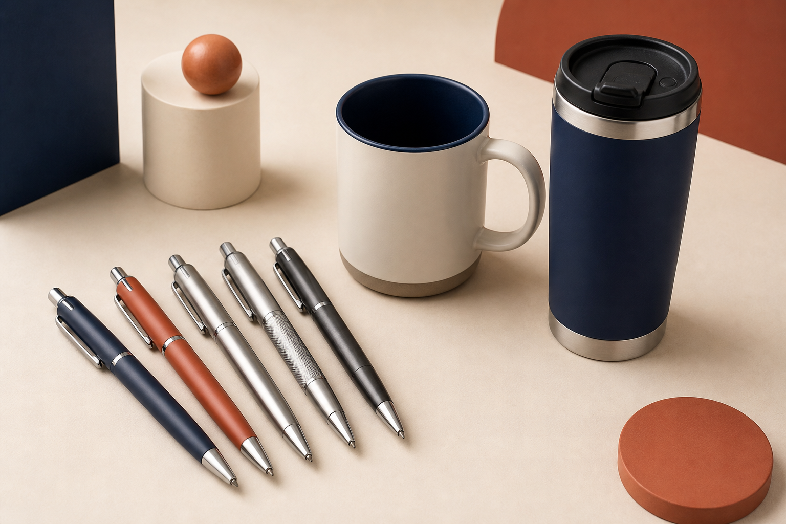 Custom promotional pens, ceramic mugs, and travel drinkware