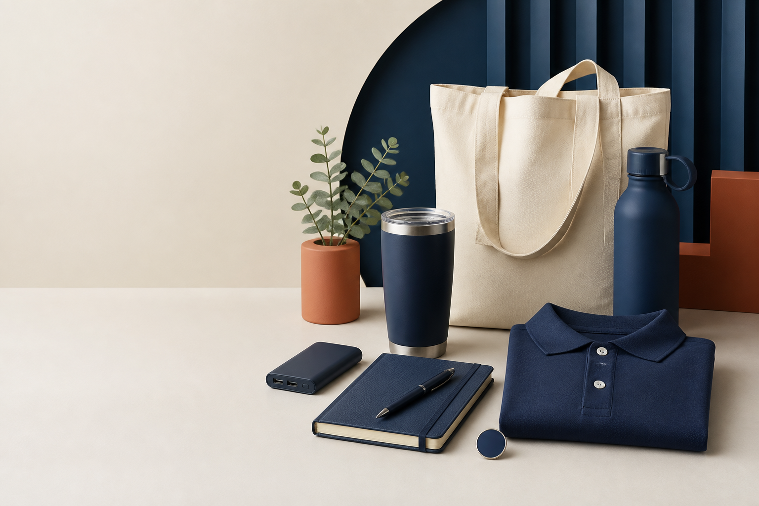 A curated collection of promotional products including apparel, drinkware, a tote, notebook, pen, power bank, and reusable bottle