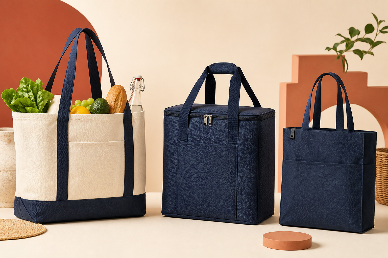 Grocery tote, insulated cooler tote, and RPET tote bags available for customization